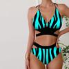 Женские купальники, бикини, комплект из 2 предметов, купальник с открытой спиной и лямкой на шее, пляжная одежда, купальные костюмы с синими полосками и принтом, купальник с подвесным вырезом