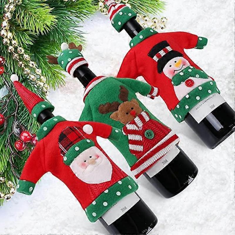 3pcs Ugly Sweater Christmas Wine Bottle Covers, Holiday Wine Bottle Sweater Cover with Hat for Ugly Christmas Sweater Party Decorations