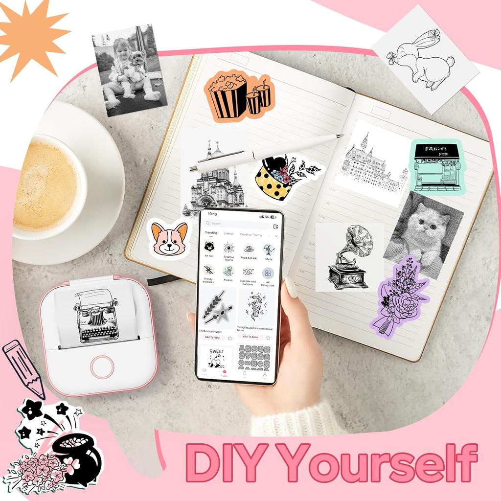 Sticker Maker Machine, Print Pods Mini Printer with Sticker, Mini Portable Printer Y02C, Bluetooth Inkless Receipt for Phone, Thermal Portable