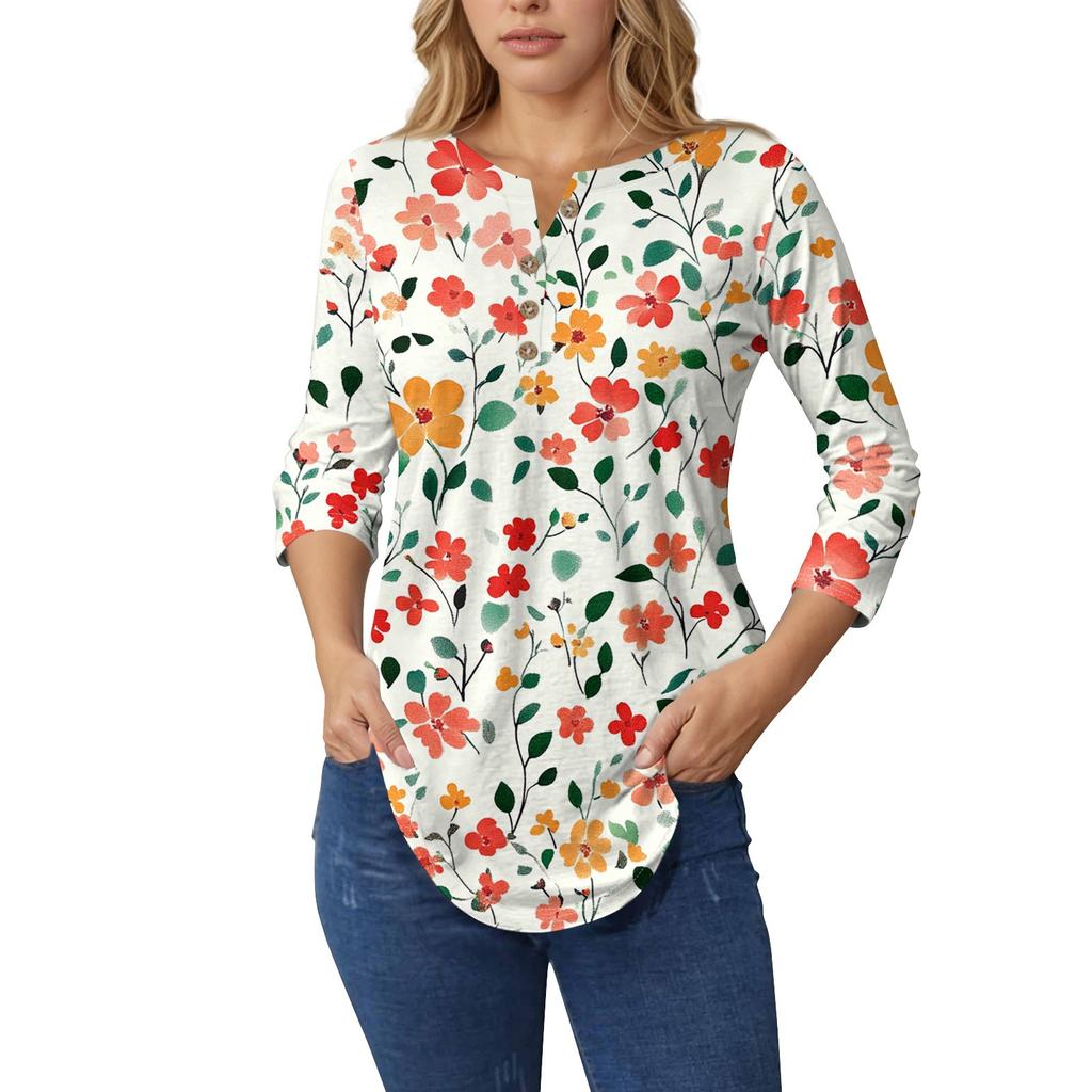 3/4 Length Sleeve Womens Tops Summer T-Shirts Floral Print V Neck Casual Basic Tee Button Shirts Tunic Tops
