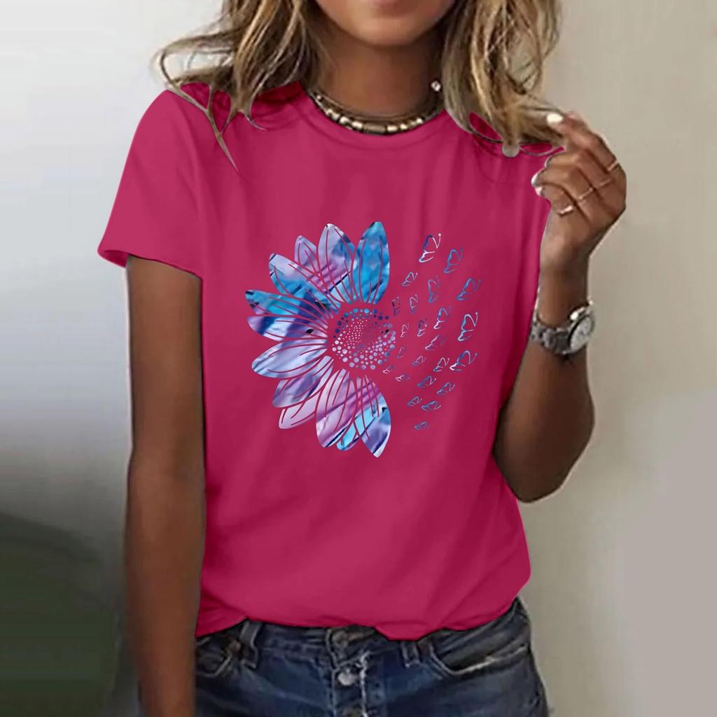 Женская повседневная футболка с короткими рукавами и круглым вырезом с цветочным принтом Топ