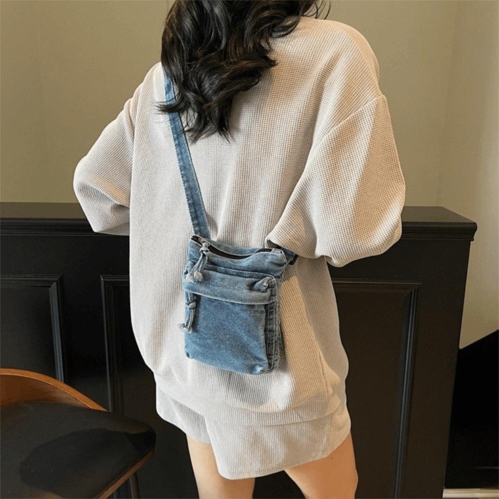 Multi-Pocket Denim Shoulder Bag Zipper Closure Messenger Bag Casual Canvas Crossbody Bag  Women