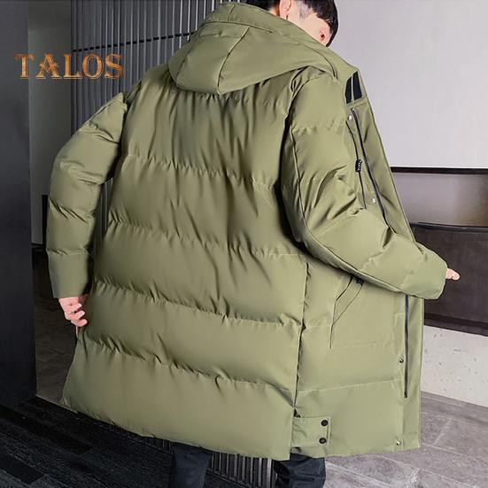 Men Cotton Coat Hooded Drawstring Long Sleeve Full Zipper Closure Cotton Jacket with Side Pockets Solid Color Mid-length Winter Outwear