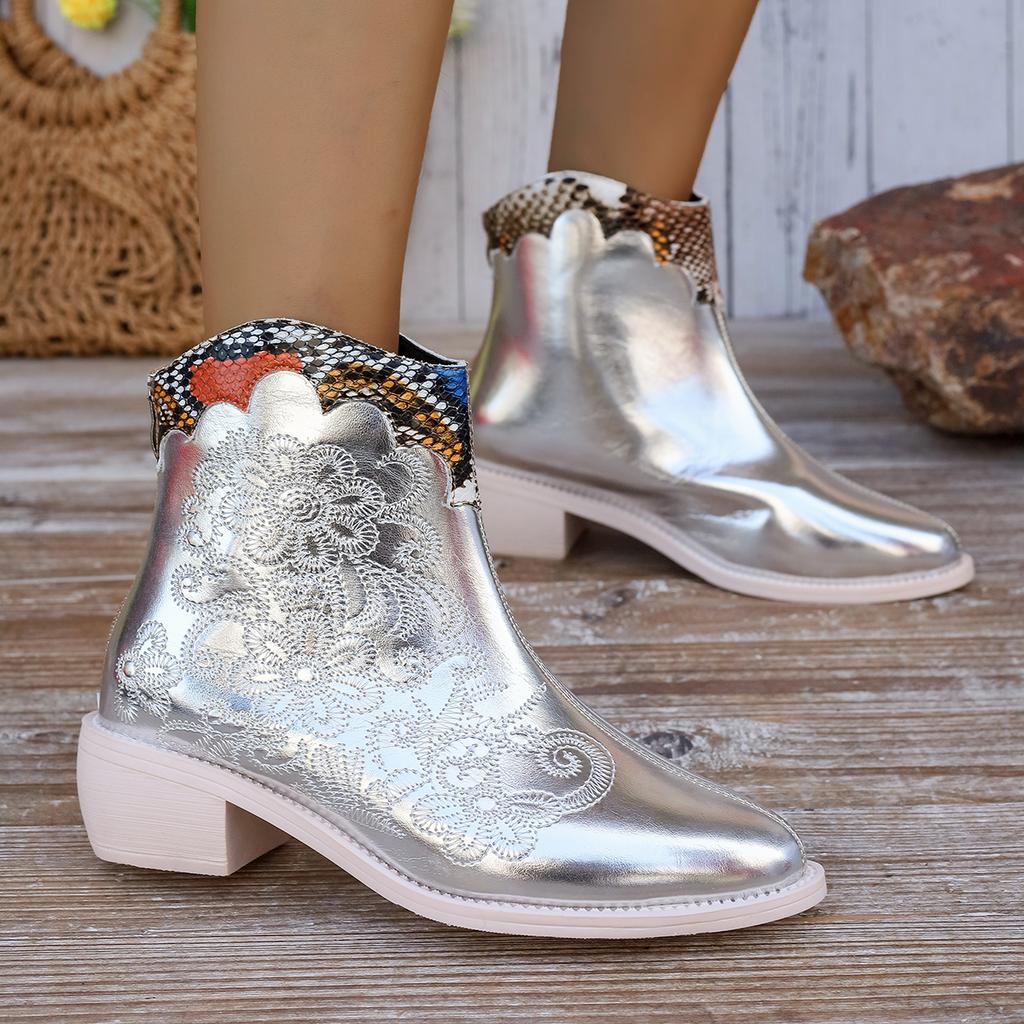 Женские одинарные ботинки Весна и Осень Новые Остроносые Вышивка Сочетание Цветов Короткие Ботинки Мода Увеличение Нескользящие Вестерн Ботинки