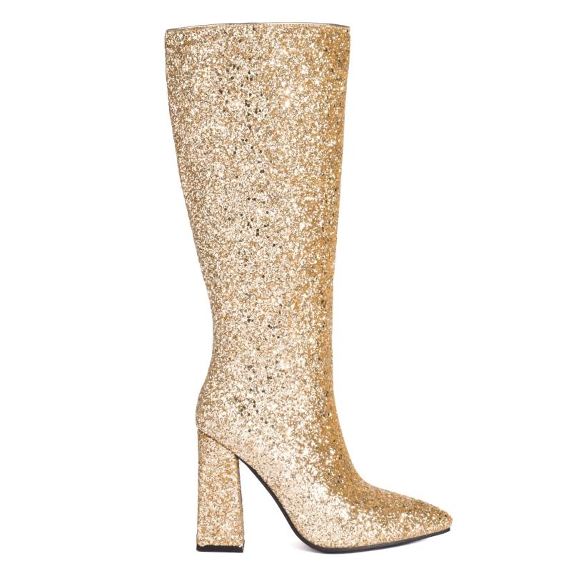 Fashion Sexy Knee High Boots Women Fashion Zipper Luxury Gold Silver Long Boot Block Heels Autumn Winter Shoes Female Large Size