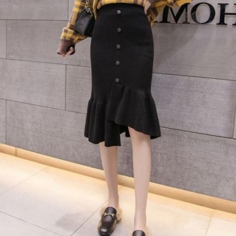 Thick Core Yarn Knitted Skirt Irregular Half Skirt Autumn and Winter High Waisted Hip Hugging Skirt Women's Ruffled Fish Tail Skirt