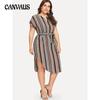 Summer Women's Dress Plus Size Short Sleeve Dresses Belted Striped Slim V-Neck Long Dresses