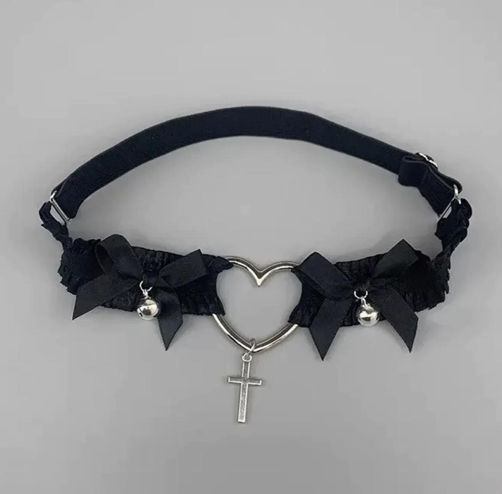 Готический кружевной пояс для подвязок с бантом в форме сердца, подвеска в виде креста, подвязки для ног, черный, белый цвет, эластичный ремень, косплей, жгут для ног