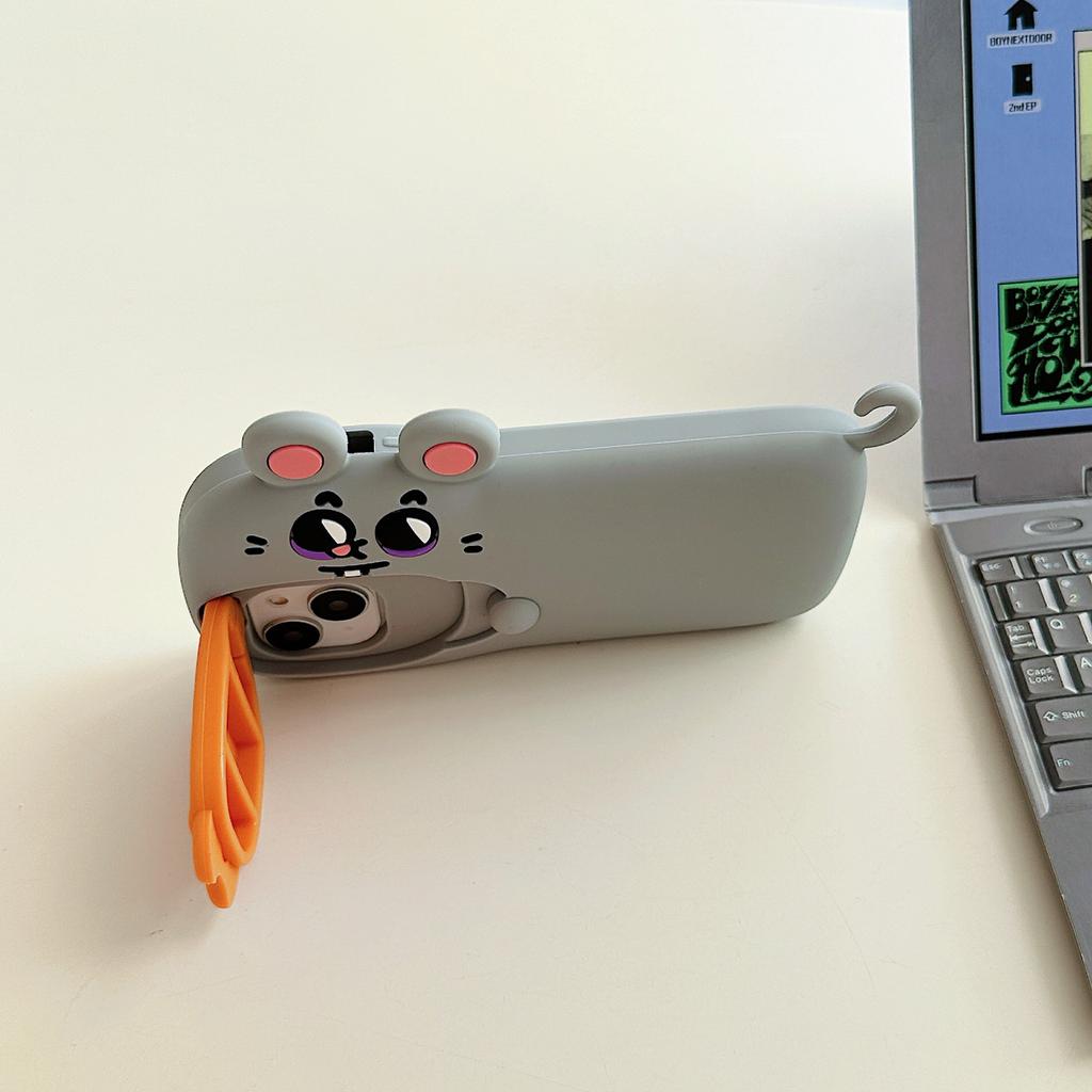 For iPhone 15 Silicone Case Cute Rat and Rat Poison Design Lens Cover Kickstand Phone Back Cover