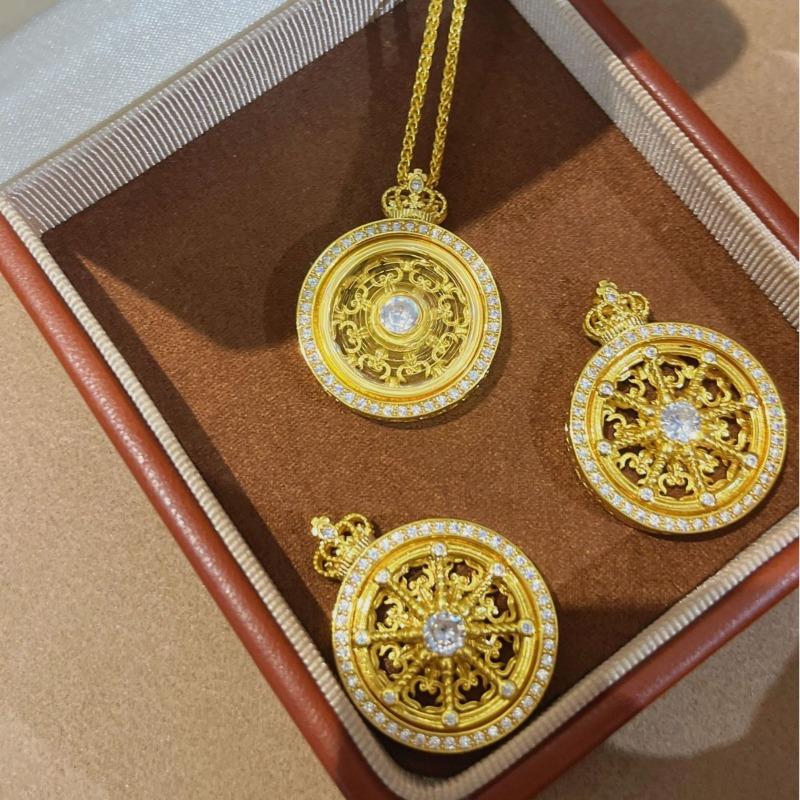 Винтажное Вращающаяся Корона Счастливая Карета Ожерелье Компас Подвеска Медь Покрытая Настоящим Золотом Древнее Полое Цепочка на Ключицы