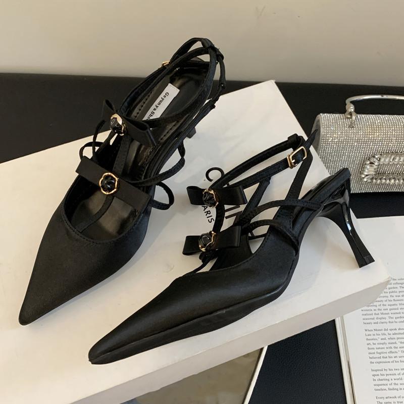 Модный стиль звезды Элегантные туфли-лодочки Мэри Джейн с острым носком и атласным бантом Женские туфли Летняя мода Слингбэки Высокие каблуки-шпильки Туфли для выпускного вечера