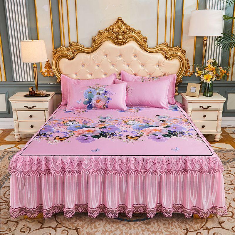 3 шт./лот, комплект двуспальных простыней, классическая кружевная королевская синяя простыня, юбка, можно стирать в машине, свадебное покрывало, наматрасник