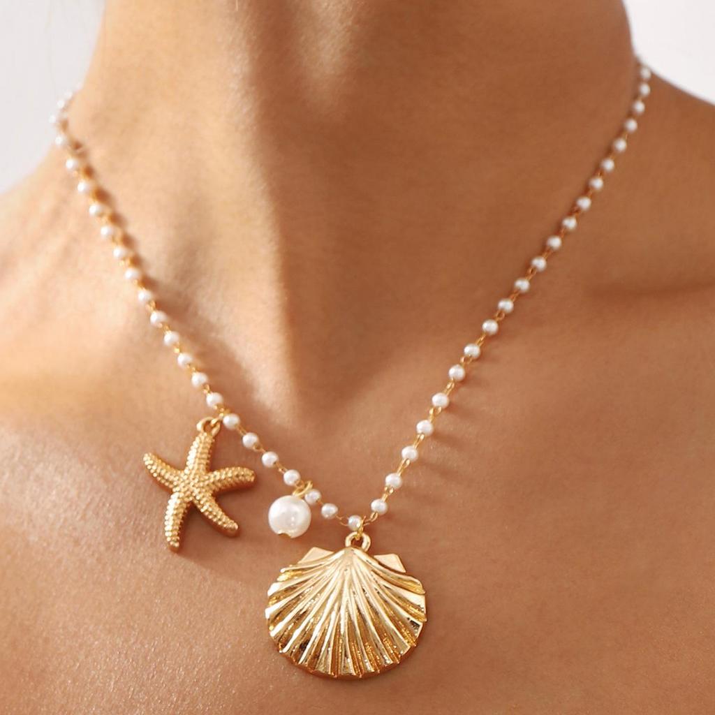 Light Luxury Metal Necklace For Women Ocean Element Scallop Starfish Pearl Clavicle Chain Vintage OL Style Jewelry Accessories