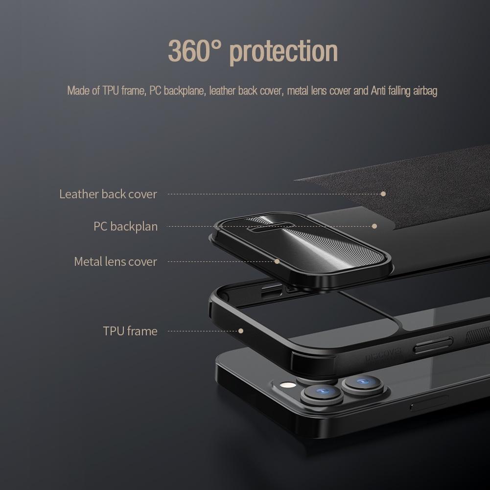 NILLKIN Магнитный кожаный чехол CamShield S для iPhone 14 Pro Max, чехол для телефона, слайдер из сплава, противоударная задняя крышка