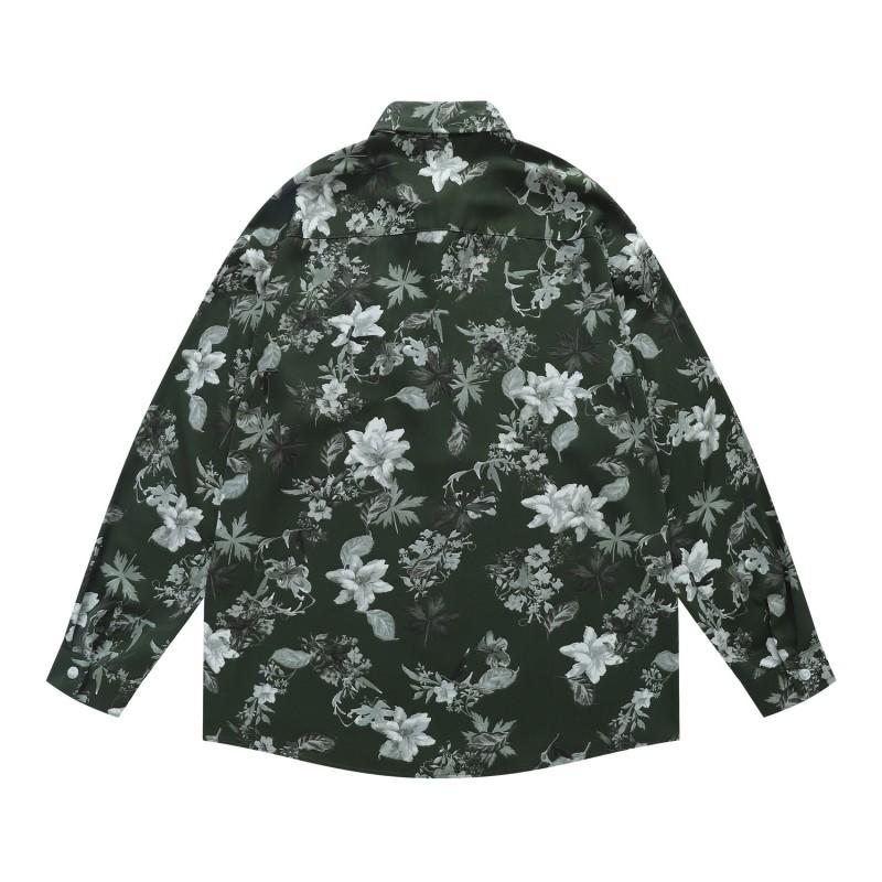 American Vintage Dark Green Floral Print Long Sleeve Shirt Men Women Oversized Casual Retro Top
