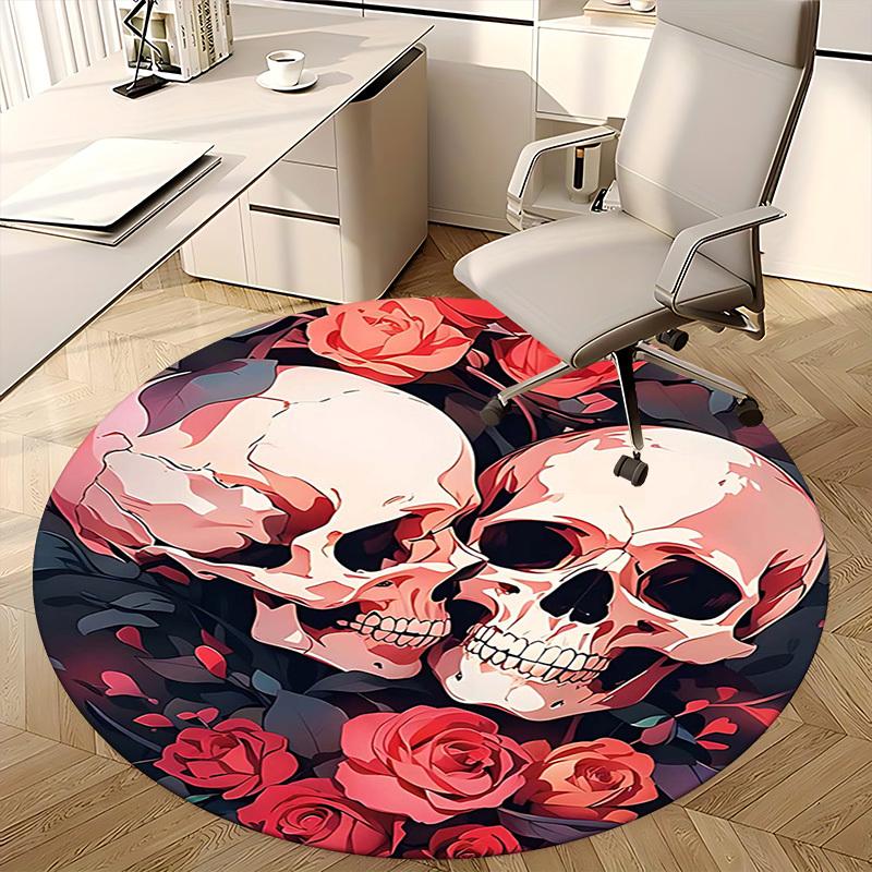 1pc Skulls & Roses Round Carpet Anime Design Office Chair Mat, Non Slip Rug for Home Decor, Gift, Office, Living Room, Bedroom