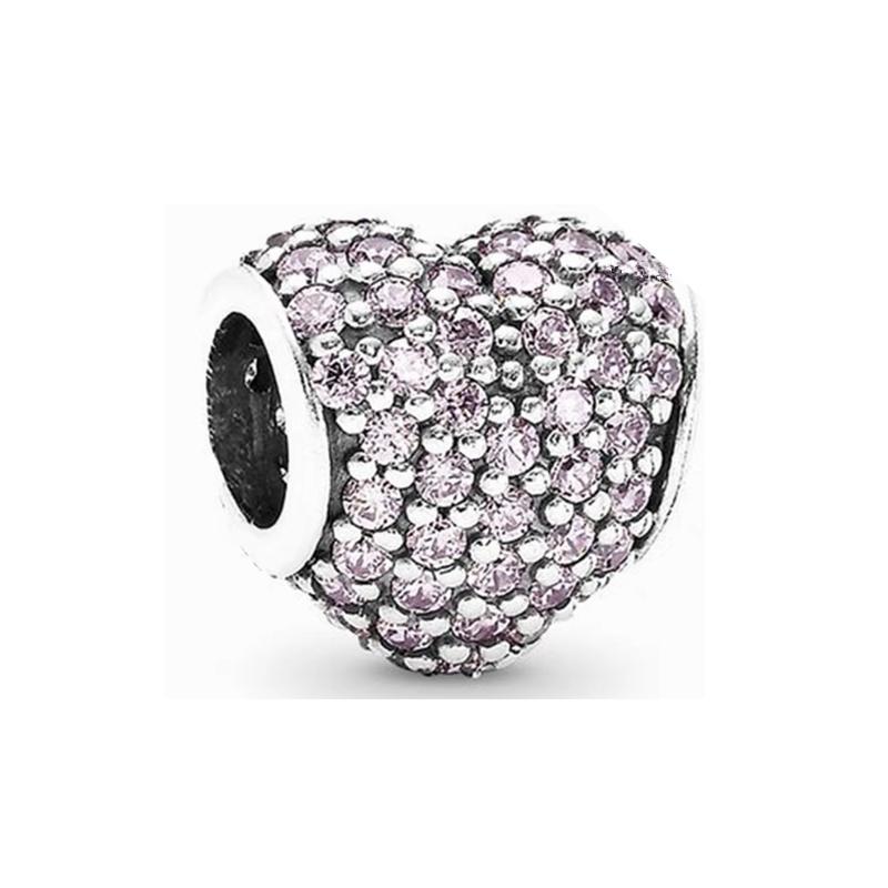 Sparking Diamond Heart Charm Beads Silver Bracelet Necklace DIY Jewelry Gift for Women