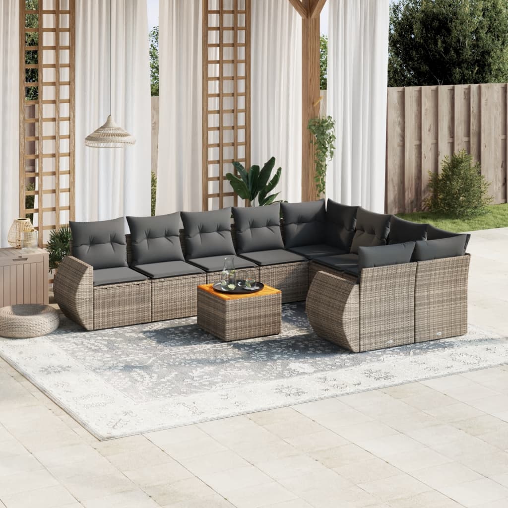10 Piece Grey Garden Sofa Set with Cushions Poly Rattan
