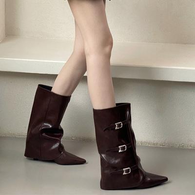 Женские ботильоны с острым носком, на танкетке, универсальные, в стиле ретро, новая мода 2025, ботфорты до колена, увеличивающие рост, высокие рыцарские сапоги