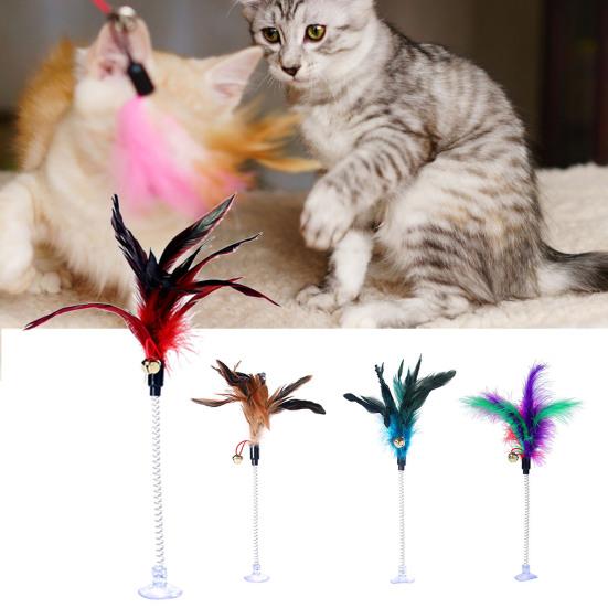Funny Pet Cat Feather Bell Spring Suction Cup Elastic Playing Interactive Toy