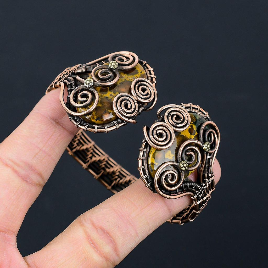 Бамбуковая яшма, драгоценный камень, чистая медная проволока, завернутая в манжеты/браслет ручной работы, регулируемые украшения для нее