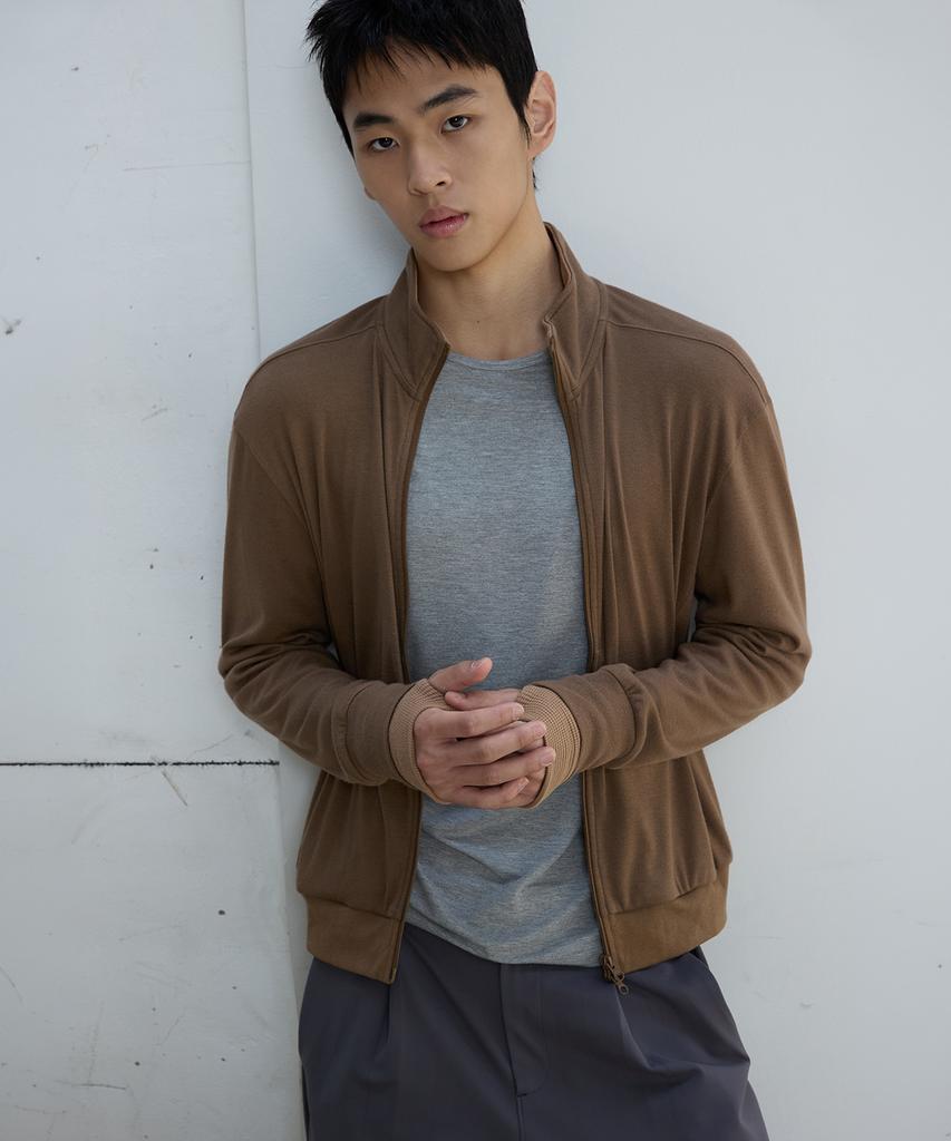 MICHIKO LONDON SPORTS Soft Jersey Layered High-Neck Zip-Up Khaki Brown
