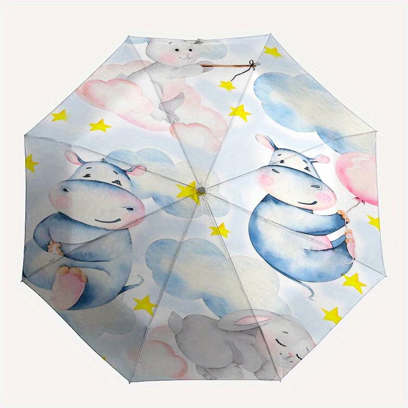 Bunny, Hippo Automatic folding umbrella simple eight rib design, bright color pattern, durable iron frame, ideal for travel and outdoor, be