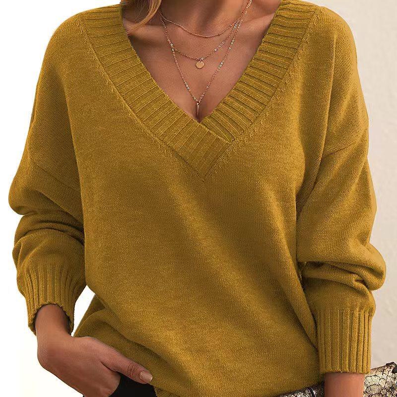 Knit Pullover Top Women's Sweater Loose V-Neck Casual Knit Plus Size Sweater