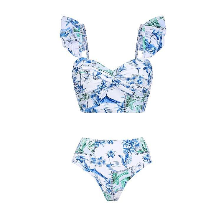 European and American summer lotus leaf sleeve split swimsuit women's seaside vacation high waist slim bikini