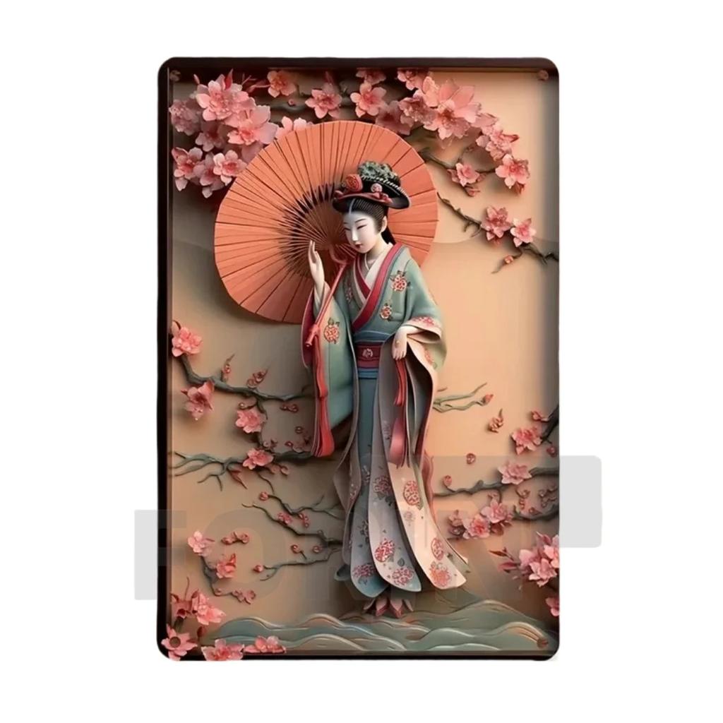 Японская гейша кимоно металлический знак, 2D элегантный японский постер с цветущей вишней, для дома, комнаты, офиса, идзакая, кафе, студии настенный декор