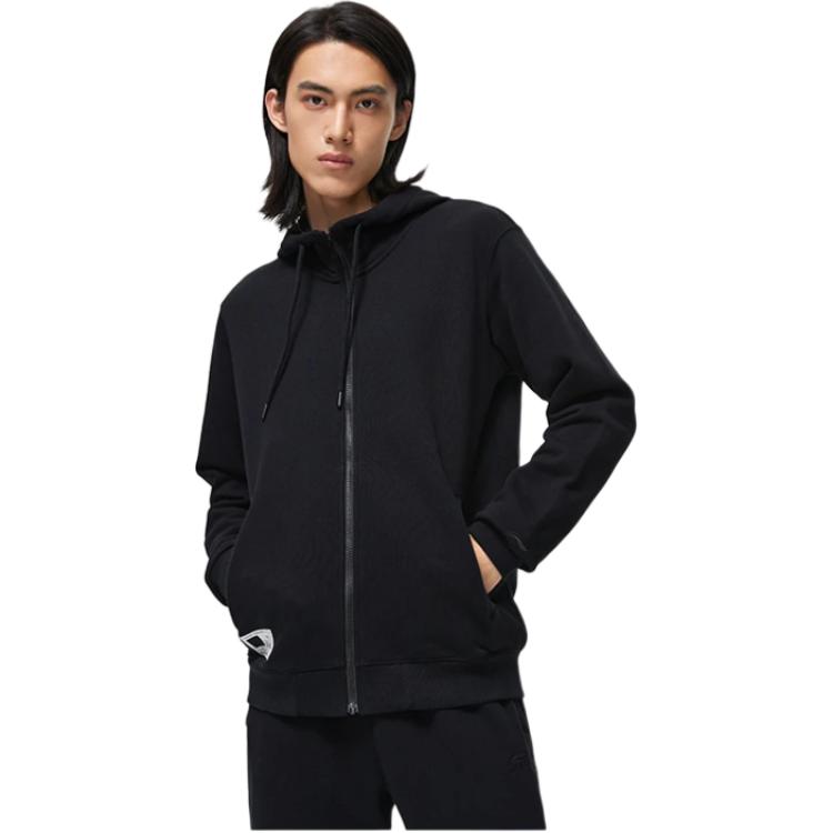 Li-Ning Пуловер с капюшоном Pure Color на шнурке и молнии. Мужские топы черного цвета AWDT071-4