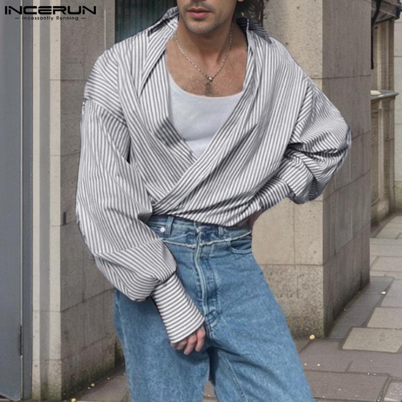 INCERUN Men Lapel Striped Front Cross Long Sleeve Shirts Loose Casual Tops