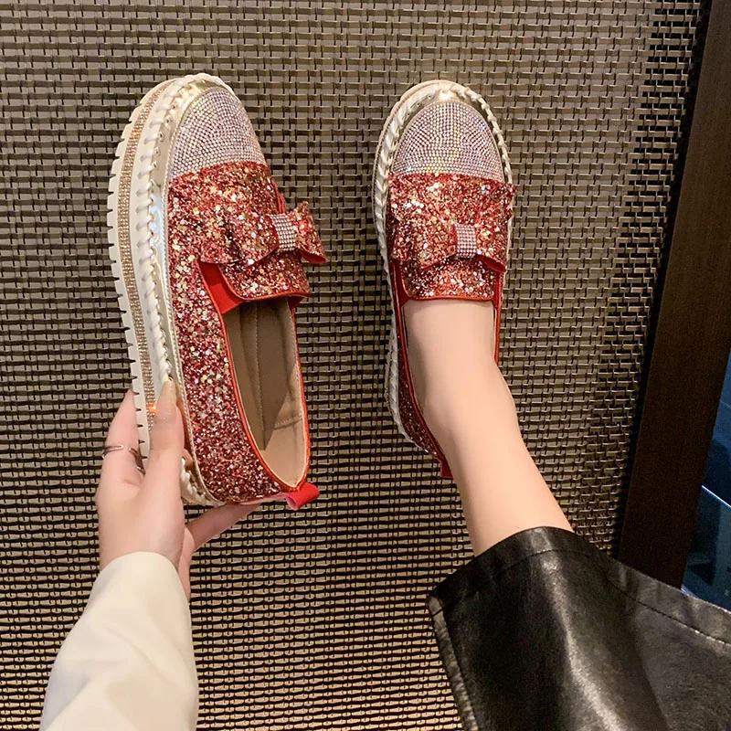 Весенние и осенние женские туфли Le Fu на плоской подошве с круглым носком и низким каблуком, со стразами и пайетками, новинка 2024 года, высококачественная модная женская обувь