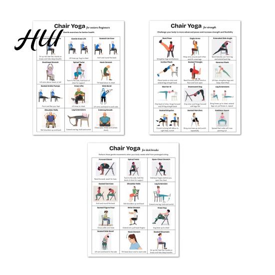 Office Worker Exercises 3Pcs Chair Yoga Poster Set for Seniors Low Impact Stretching Exercise Beginner to Advanced Chart Elderly Seated Morning