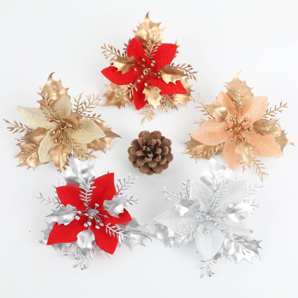 12 шт. Искусственный рождественский цветок с пайетками, блестящий 3D-симулятор цветка пуансеттии, рождественские подарки