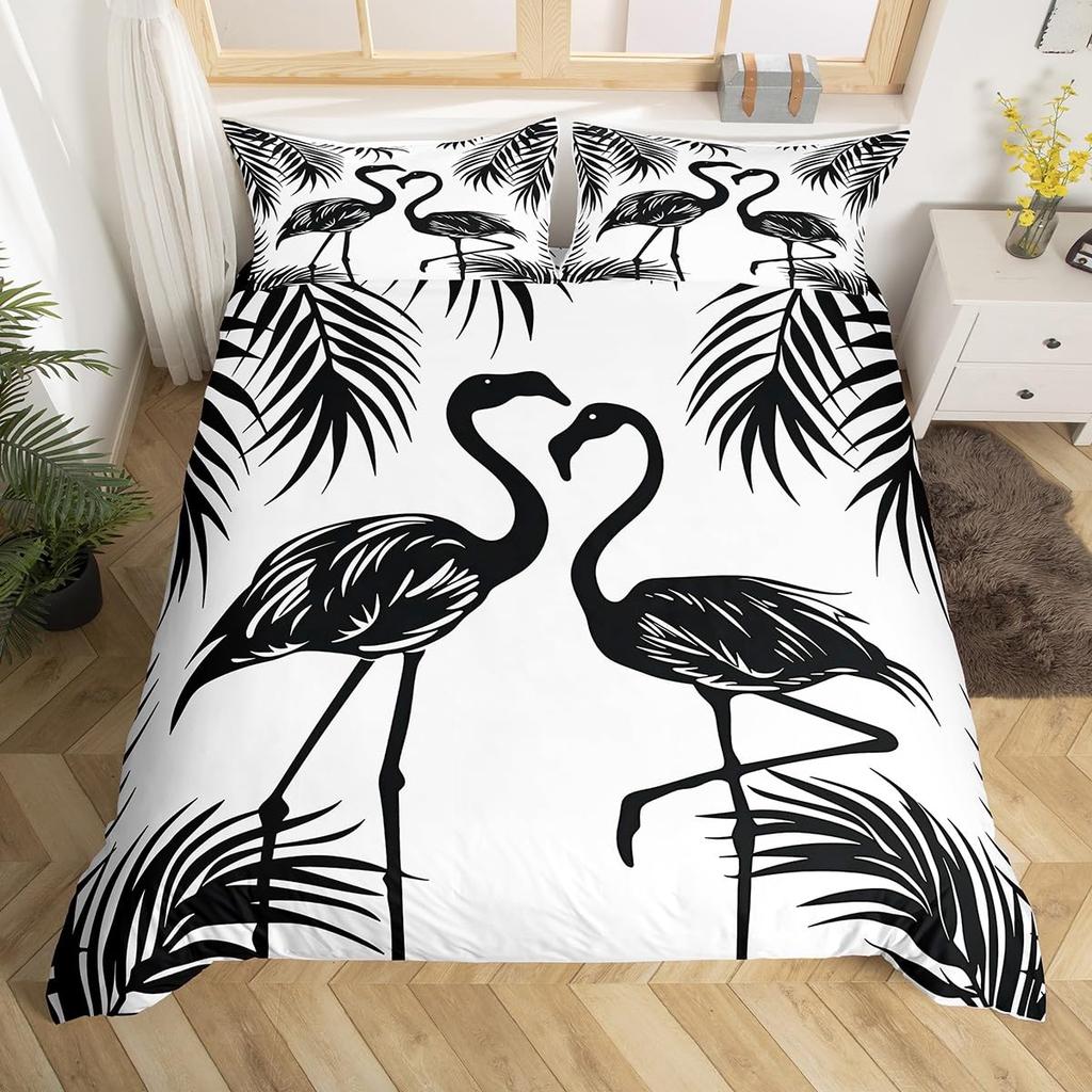 Chic Flamingo Duvet Cover Queen Beach Theme Tropical Animal Bedding Set, Coastal Sunset Comforter Cover Cute Wildlife Bed Set