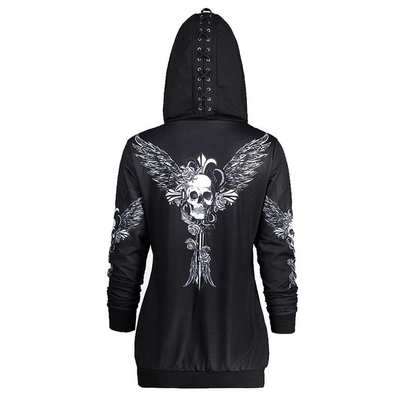 Women's Fashion Hoodie Laced Jacket with Skull Print In Gothic Punk Style with Long Sleeves On Lightning Hoodie