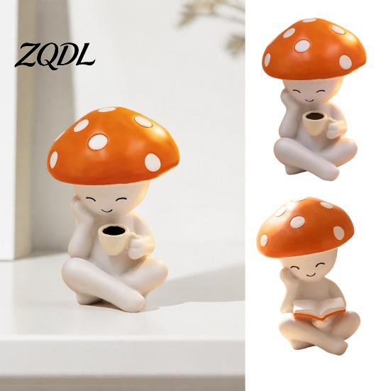 Decorative Mushroom Dolls Meditation Resin Figurine, Cute Red Statue for Desk Office Small Ornaments Windowsills Living Room Tabletop Decor,