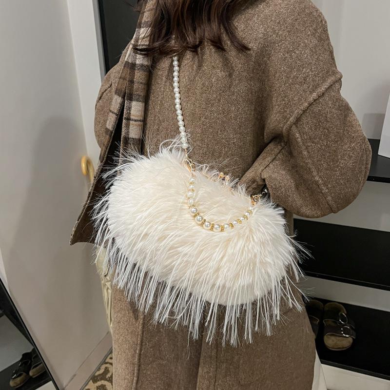 Hot Sale Retro Large Capacity Plush Women's Bag Pearl Chain Small Square Bag Fairy Wind Shoulder Crossbody Bag