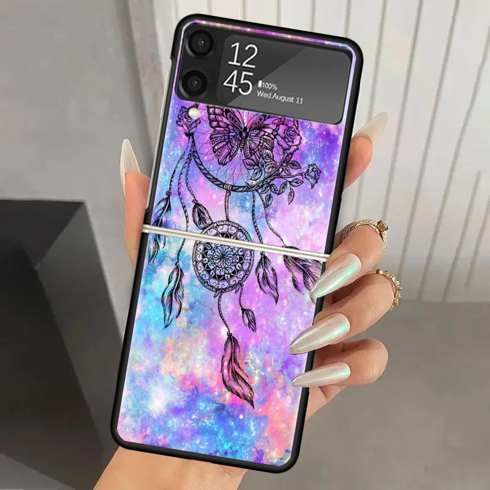 Retro Feather Dreamcatcher Hard PC Phone Case For Samsung Galaxy Z Flip 6 5 4 3 Black Cover ZFlip6 Flip5 Flip4 5G Foldable Print