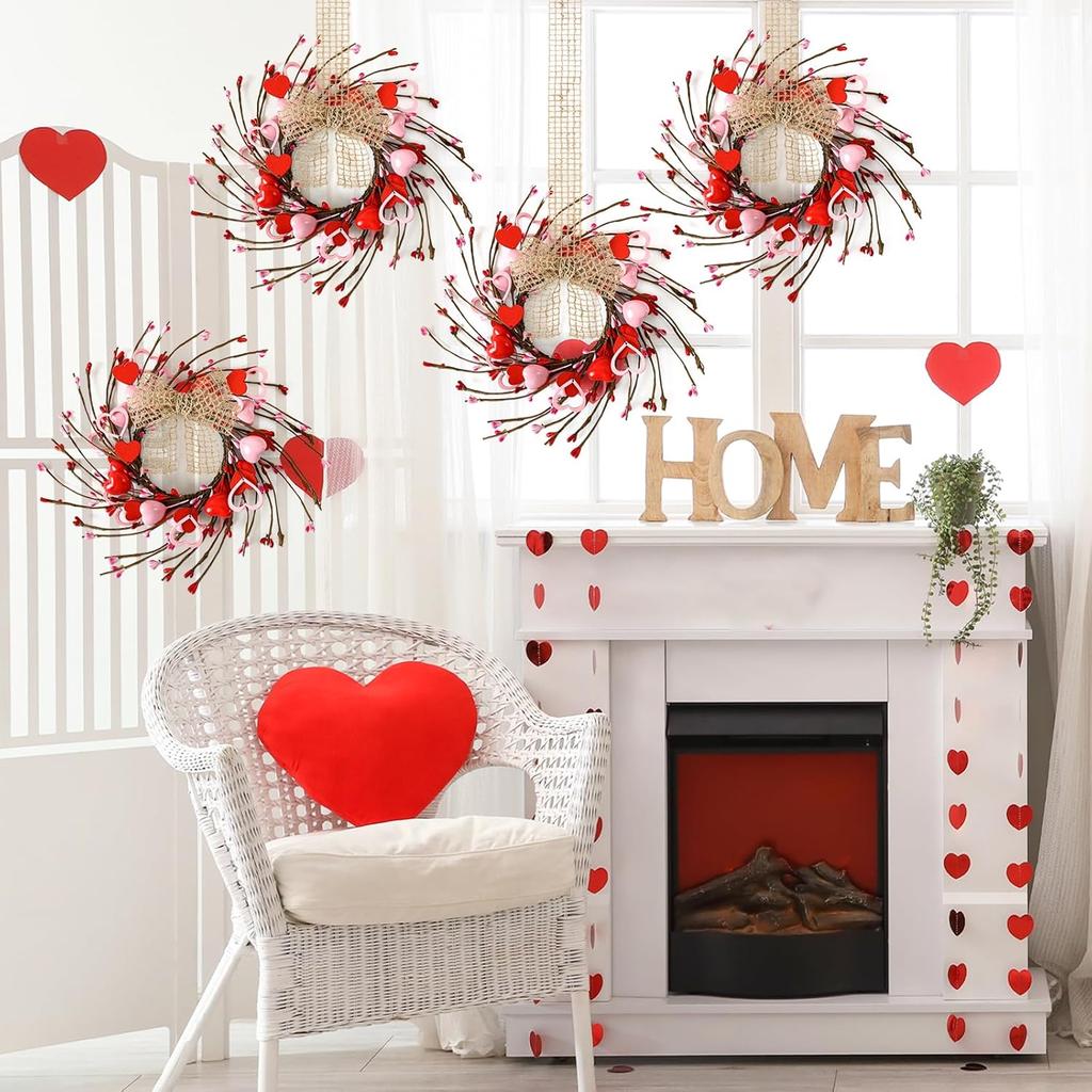 4 Pcs Valentines Day Wreaths Kitchen Cabinet Wreaths Farmhouse Artificial Red Pink Heart Berries Mini Valentine's Day Windows Wreaths for Front Door