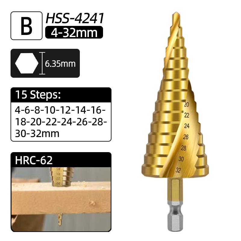 HSS Титановое ступенчатое сверло Кобальтовое 4-32мм Спиральная Прямая канавка 1/4 Шестигранник Дерево Металл Резак для отверстий Коническое ступенчатое сверло Конусные инструменты