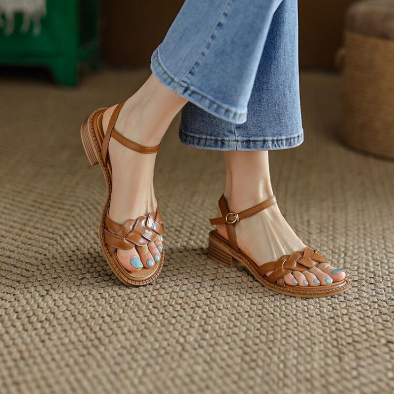 Fashion Shoes Female Sandal 2025 Women's Girls Beige New Summer Comfort Low Retro Flat Back Strap Square heel Rubber