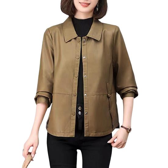 Women Jacket Faux Leather Smooth Surface Turn-down Collar Single-breasted Pockets Long Sleeves Retro Motorcycle Coat Plus Size Travel Outerwear