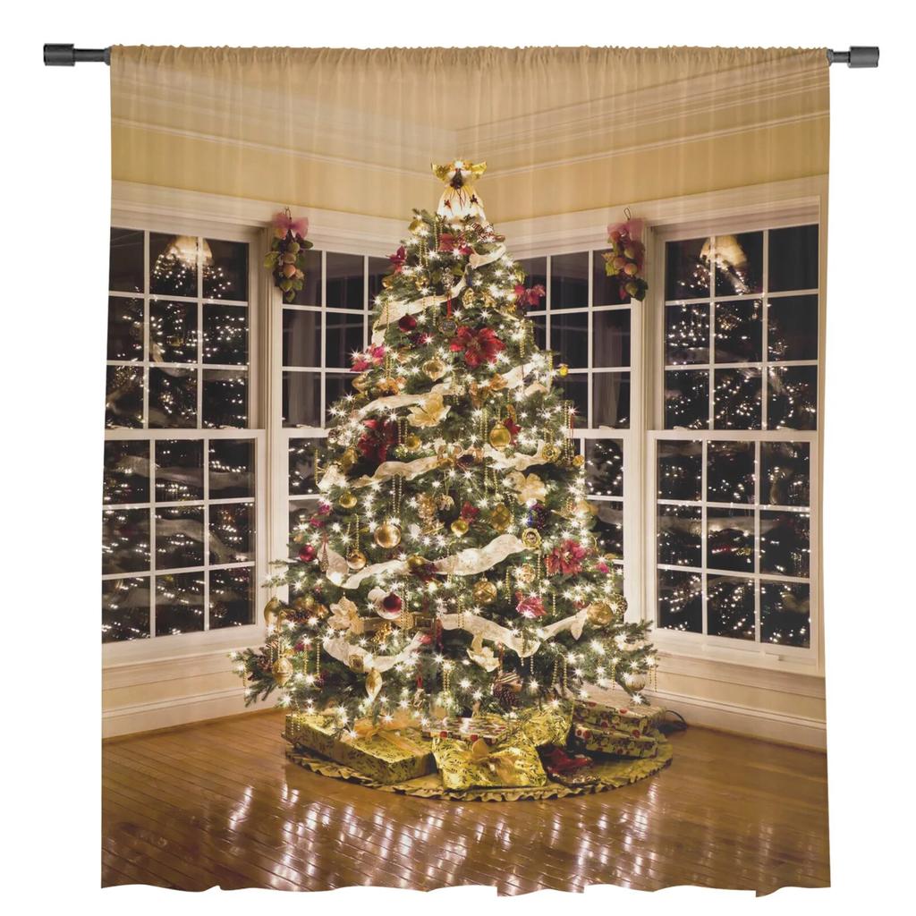 Christmas Tree Lights Christmas Theme Window Tulle Curtains For Living Room Kitchen Christmas Home Decor Sheer Voile Curtains