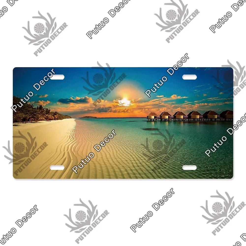 Putuo Decor Beach Licenses Plate Vintage Tin Sign Plaque Metal Car Plate for Living Room Door House Home Wall Art Decor