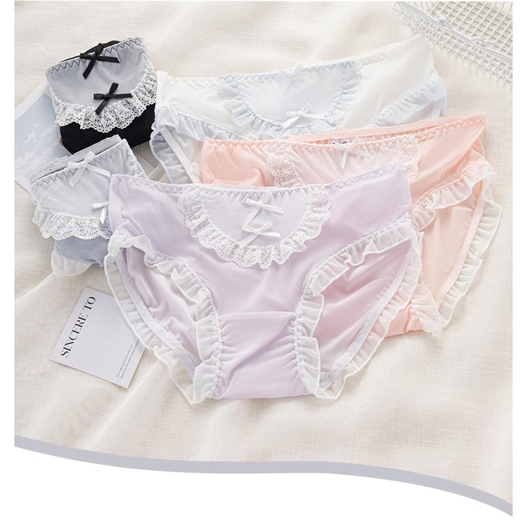 AZBESCZ Milk Silk Panties with Satin Cute Lace and Ribbon Soft and Plus Size Panties 5 Colors Women's (5-Piece Set) Panties, Design, (XL, Available)