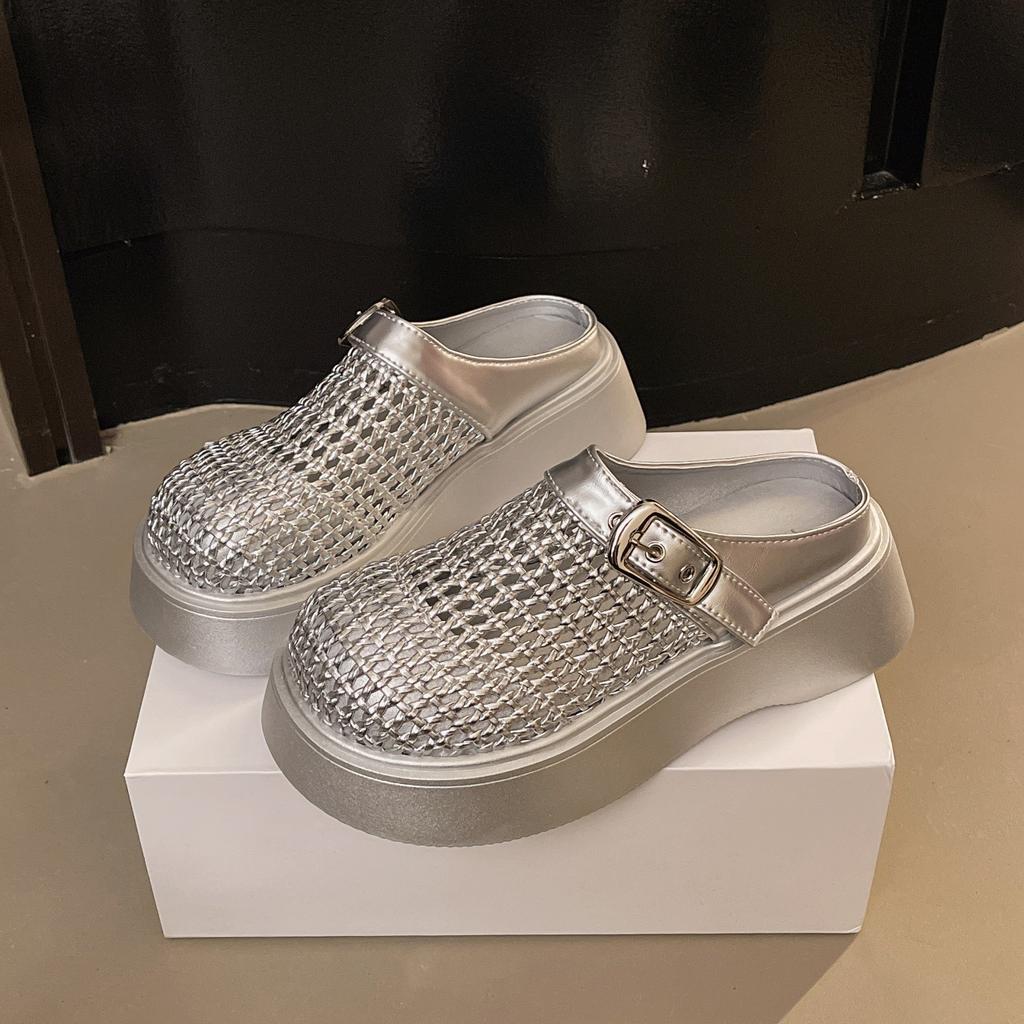 Женские лоферы на платформе-маффине, новинка 2025 года, весенне-летняя взрывная модель, ретро, плетеный мысок, полушлепанцы, маленькие сандалии