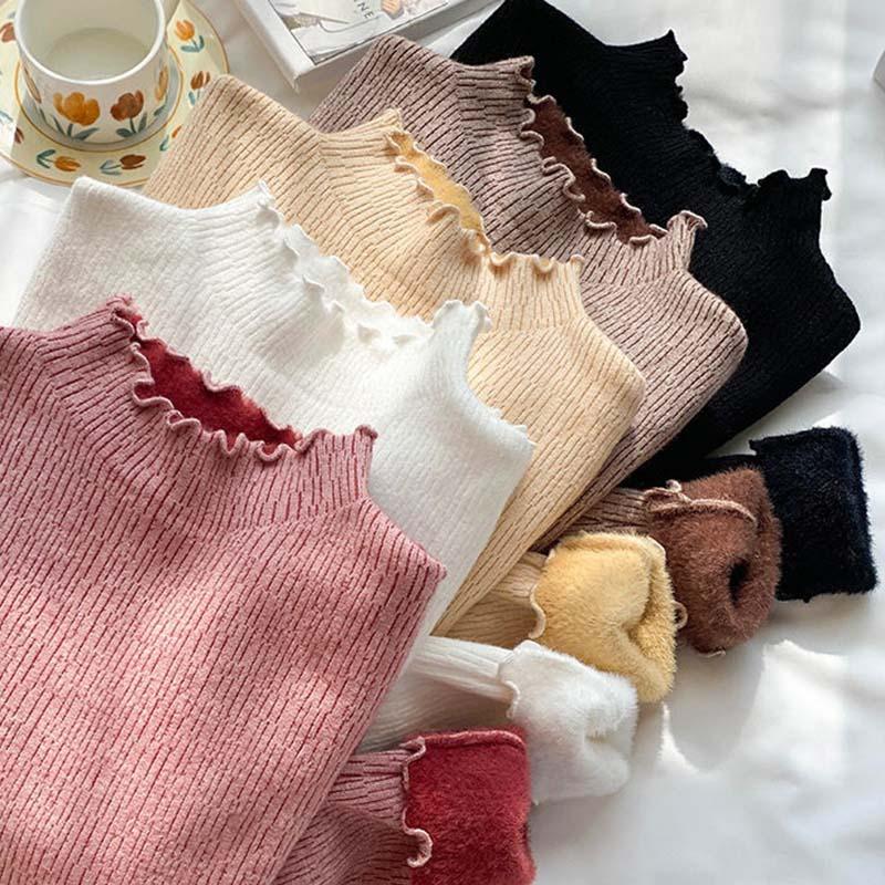 Женская зимняя утепленная тонкая водолазка с длинным рукавом из бархата, мягкий трикотажный пуловер, повседневная термовязаная рубашка