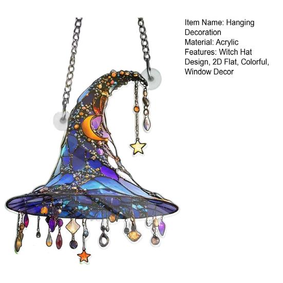 Witch Hat Sun Catcher 2D Acrylic Halloween Decoration Stained Glass Style Witch Hat Hanging Ornament for Window Wall Door